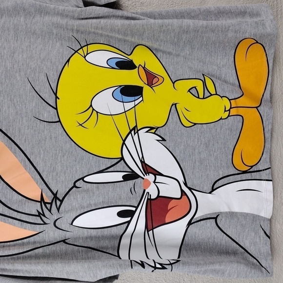 Looney Tunes Bugs Bunny and Tweety Bird Gray Short Sleeve Cropped Tee Shirt Top - Picture 3 of 8